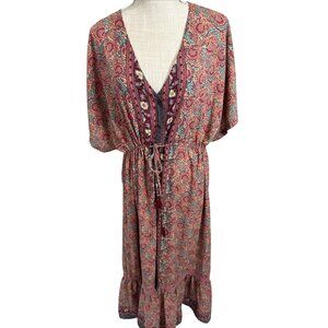 Chaudry Bohemian Floral Midi Dress With Tie Waist & Kimono Sleeves XL